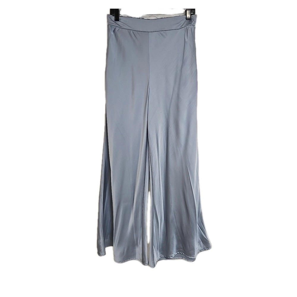Renee C. Wide Leg Satin Pants‎ Dusty Blue Elastic Waist Women's Size Large USA